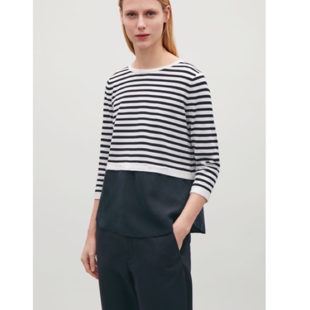 COS White and Navy Striped Blouse